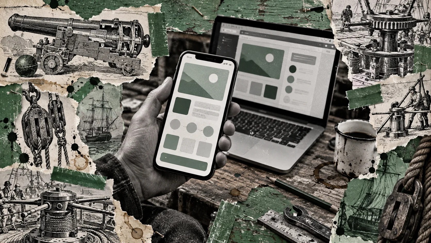 A hand holding a phone beside a laptop, surrounded by green mechanical collage artwork.